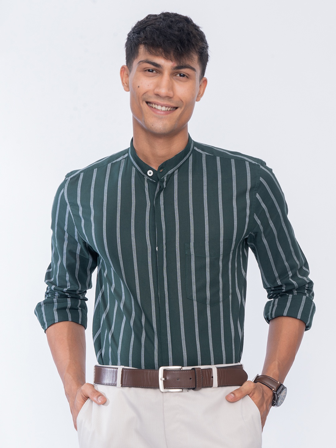 

Wellbi Men Pure Cotton Striped Mandarin Shirt, Green