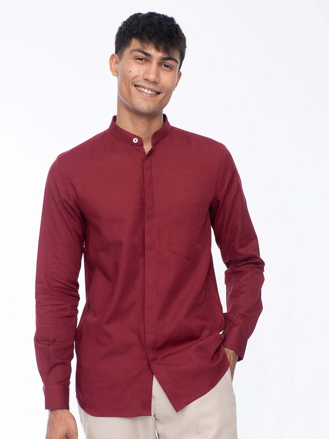 

Men Pure Cotton Mandarin Shirt, Red