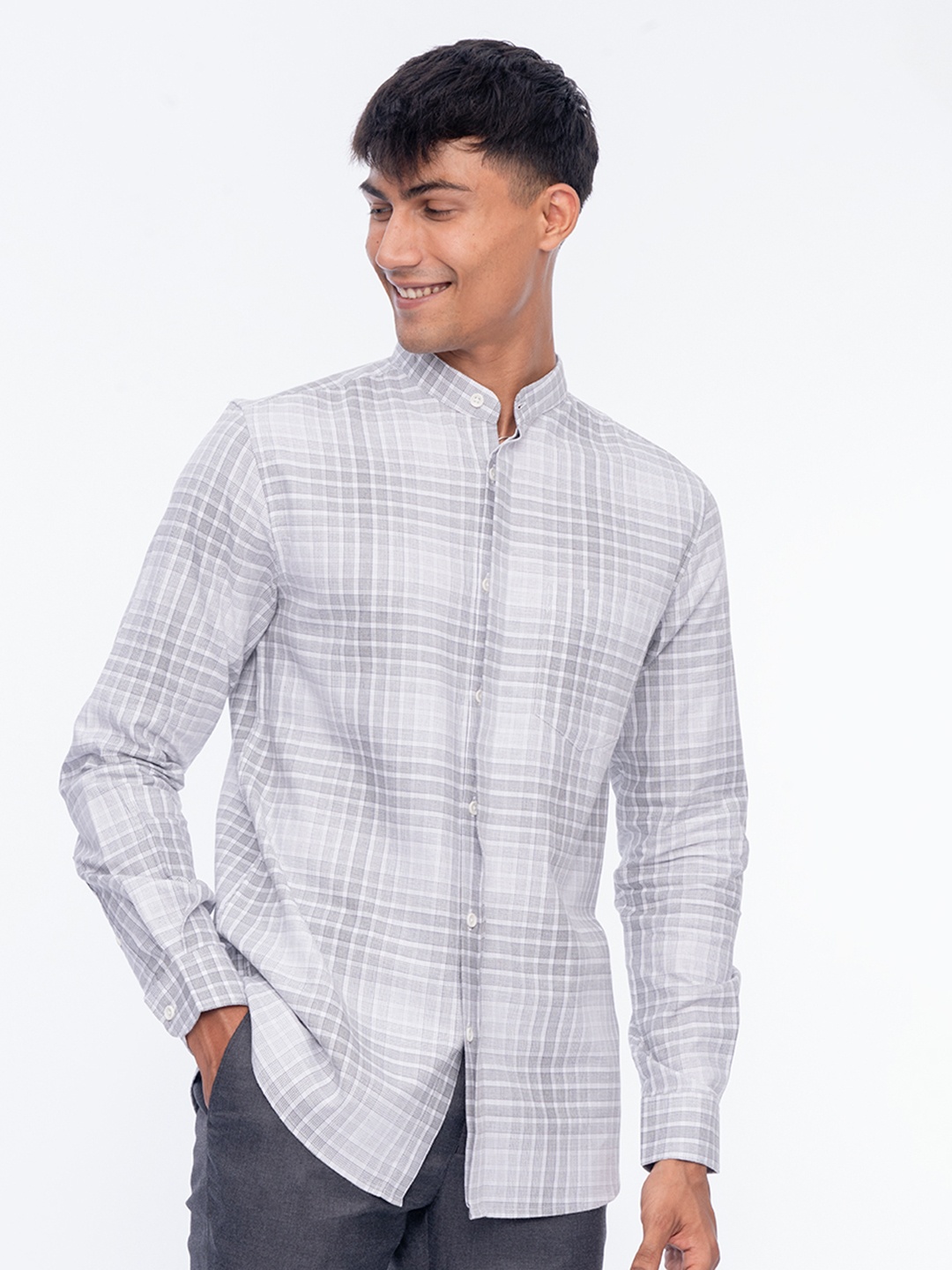 

Wellbi Men Pure Cotton Checked Mandarin Shirt, Grey
