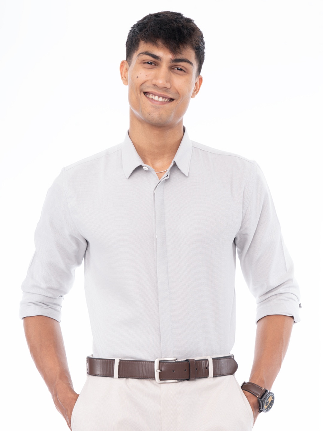

Wellbi Men Pure Cotton Button Down Classic Shirt, Grey