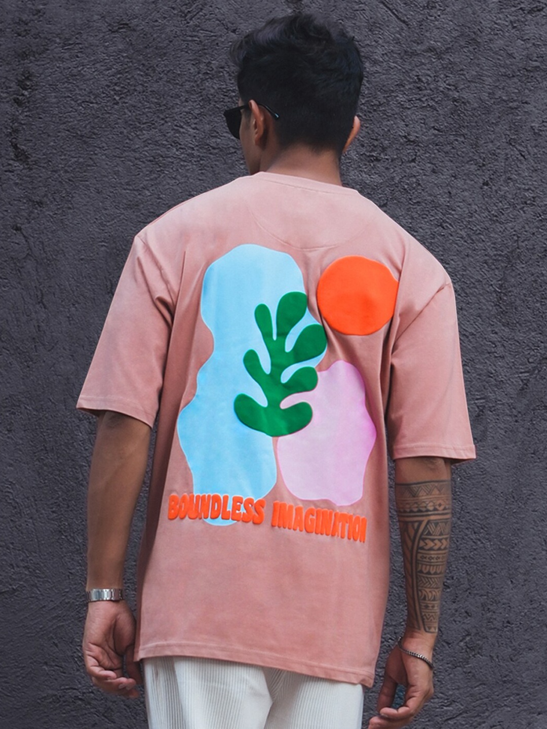 

Powerlook Men Printed Oversized Round Neck T-shirt, Peach