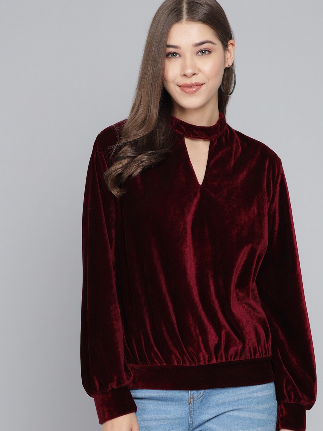 

VAARARO Round Collar Velvet Solid Regular Top, Red