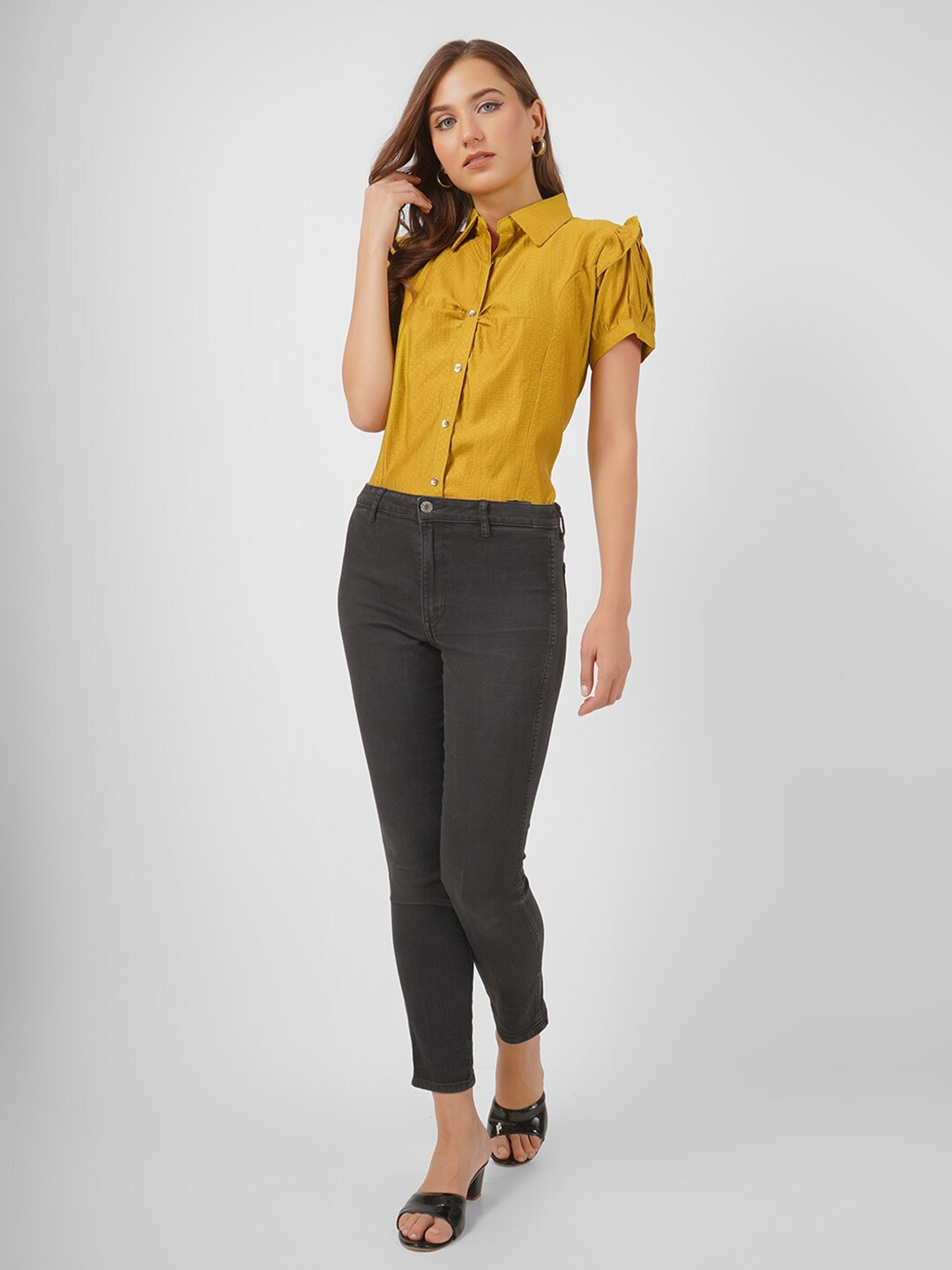 

Kinjo Puff Sleeve Cotton Shirt Style Top, Mustard
