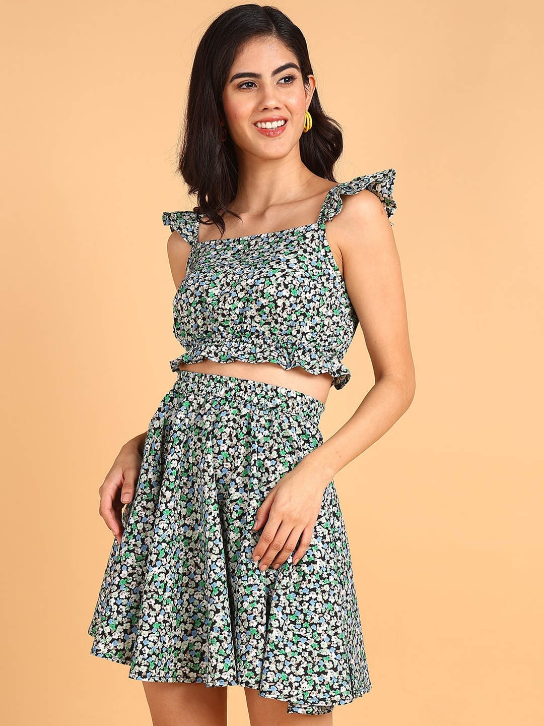 

Murcia Floral Printed Shoulder Straps Top & Skirt, Black