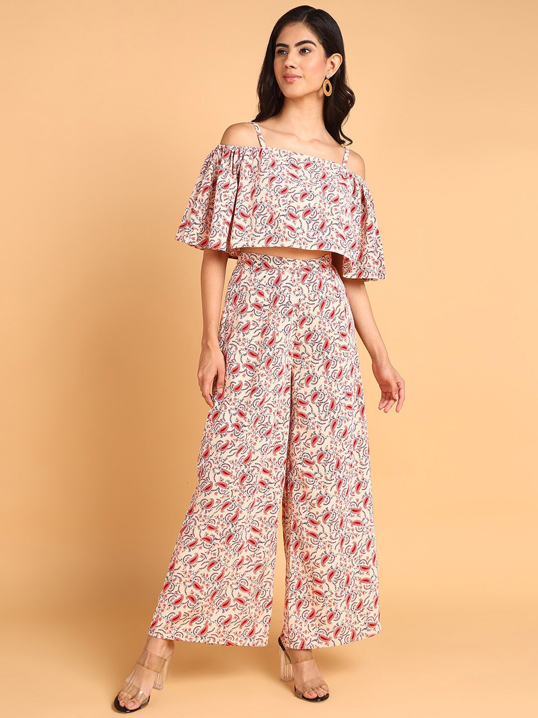 

Murcia Paisley Printed Cold Shoulder Sleeves Top With Palazzos, Cream