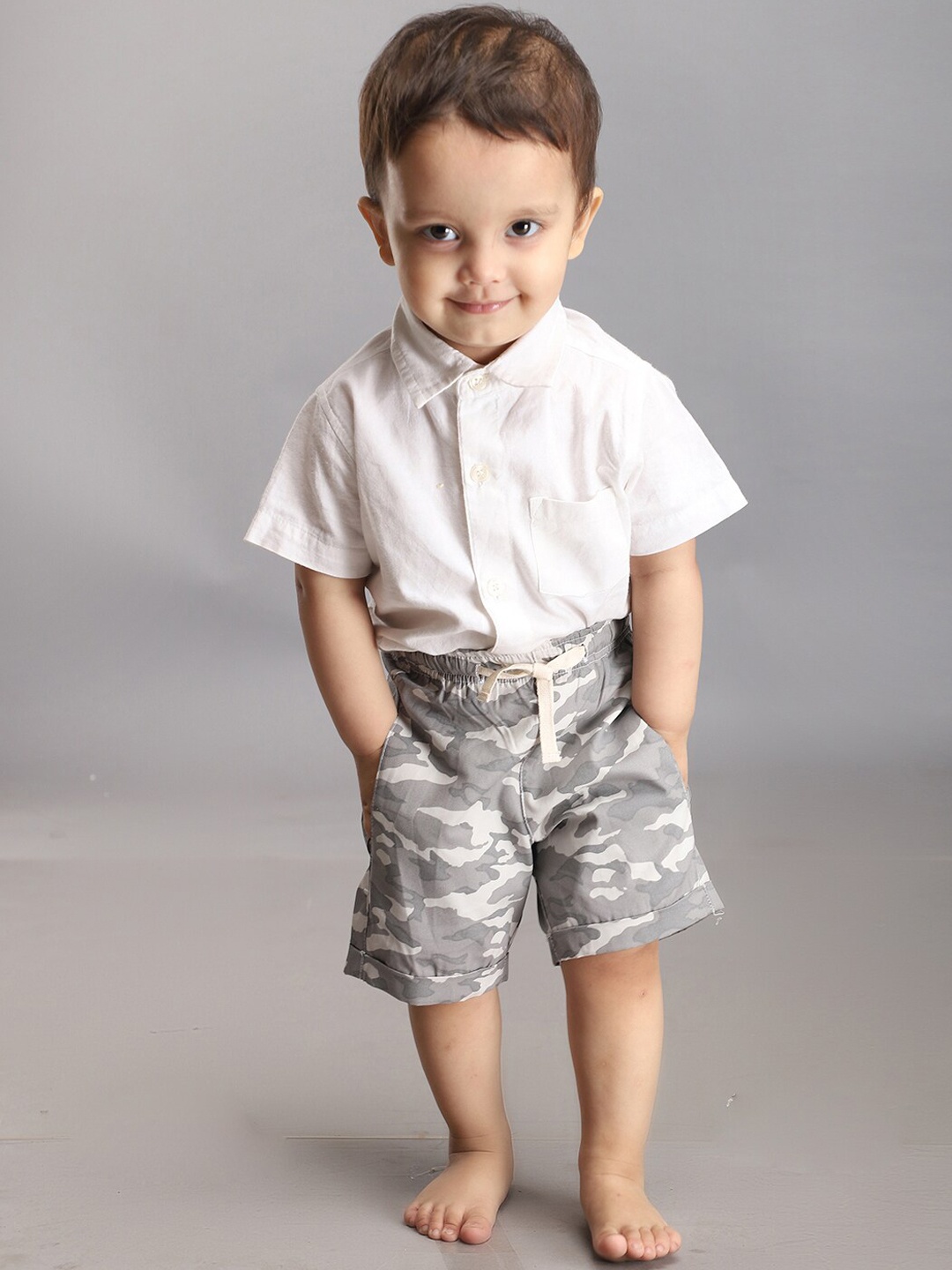 

Biglilpeople Boys Camouflage Printed Cotton Shorts, Grey