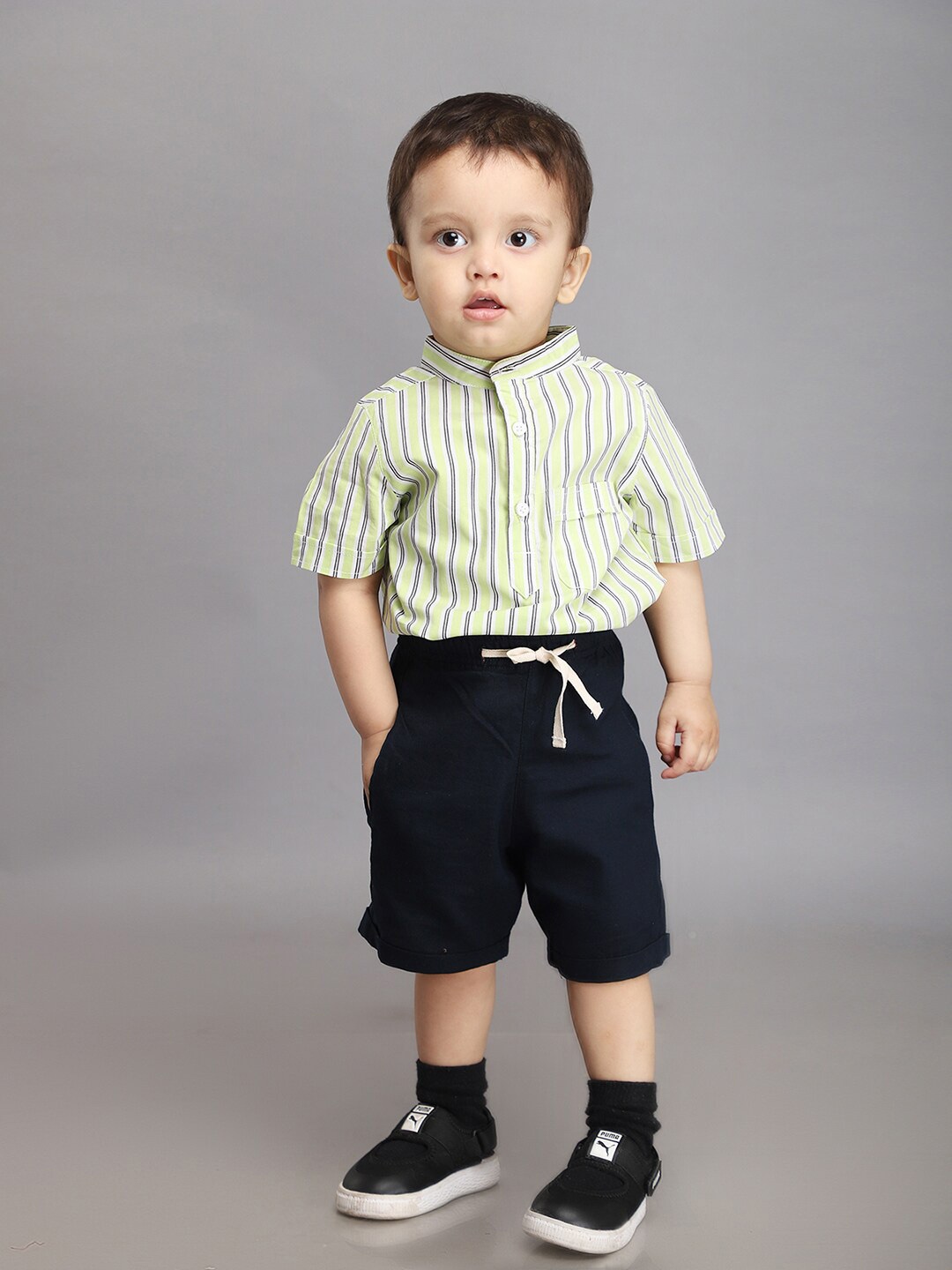 

Biglilpeople Boys Striped Mandarin Collar Pure Cotton Shirt with Shorts, Green
