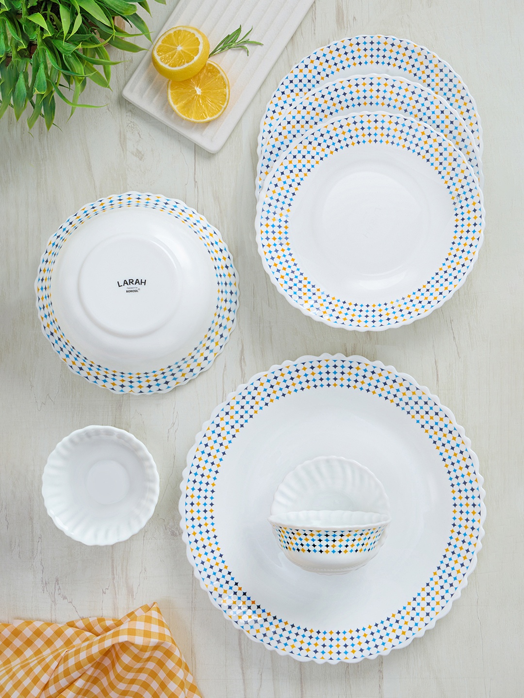 

Larah by Borosil Jupiter 17 Pcs White Printed Opalware Crockery Dinner Set