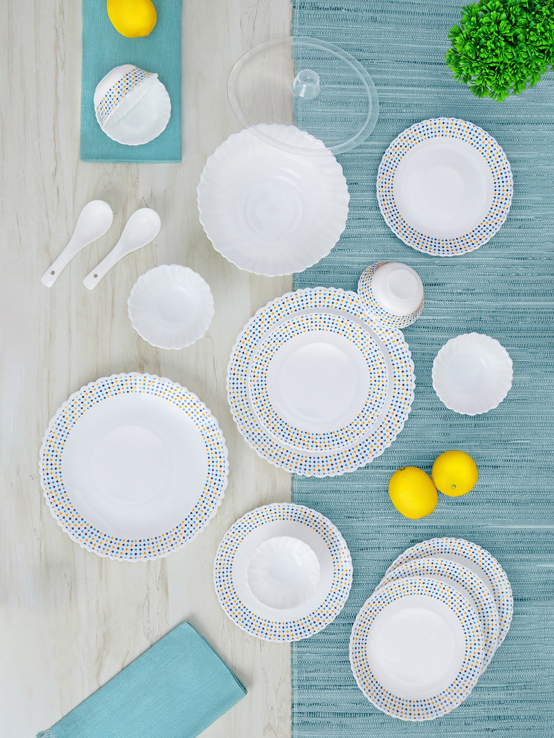 

Larah by BOROSIL Jupiter White & Blue 44 Pieces Crockery Dinner Set