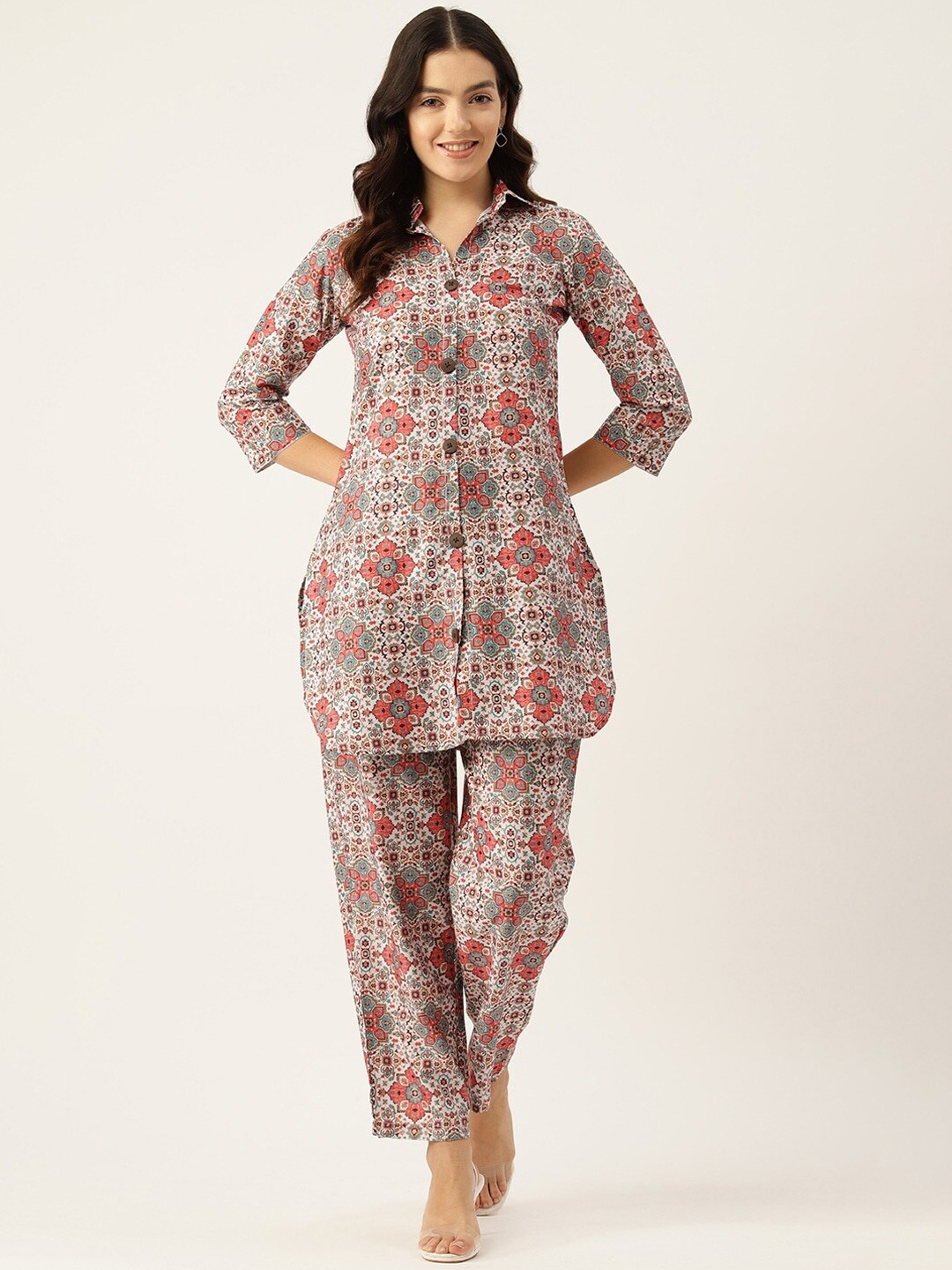 

Sleek Italia Printed Shirt Collar Neck Tunic With Flared Trouser Co-Ords, Beige