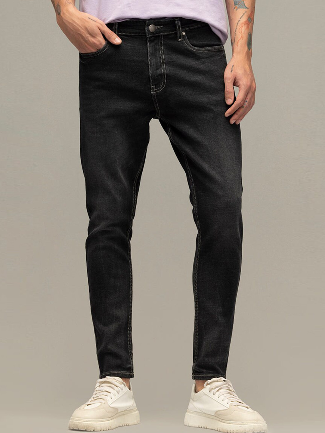 

Snitch Men Black Smart Skinny Fit Mid-Rise Clean Look Light Fade Cotton Jeans