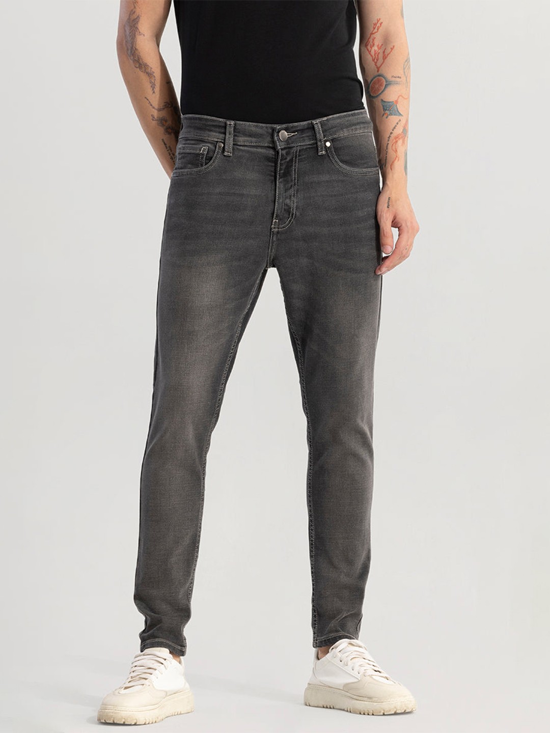 

Snitch Men Smart Skinny Fit Mid-Rise Clean Look Light Fade Stretchable Jeans, Grey
