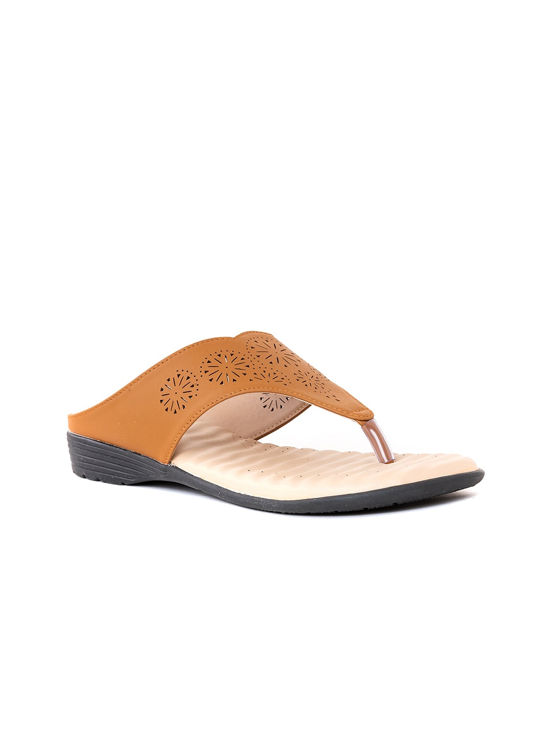 

Khadims Textured T-Strap Flats With Laser Cuts, Camel brown