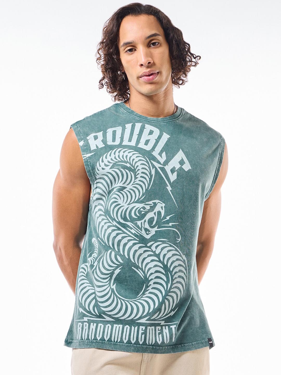 

Bewakoof Men's Trouble Graphic Printed Oversized Vest, Sea green