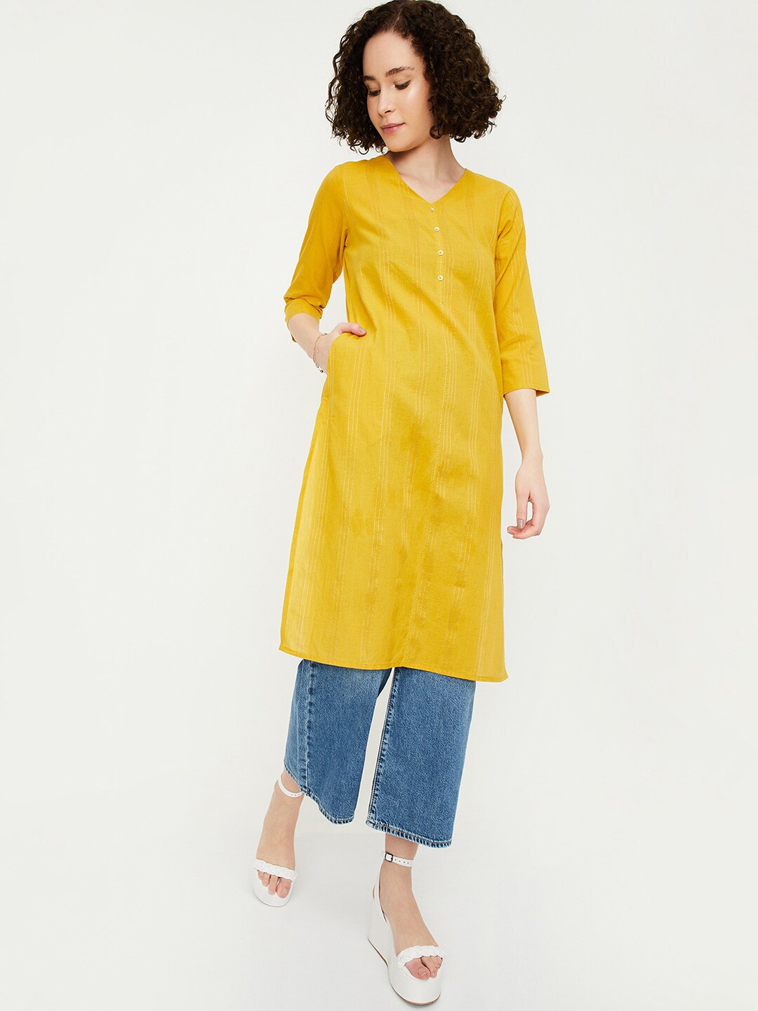 

max Stripe Woven Design Cotton Kurta, Yellow