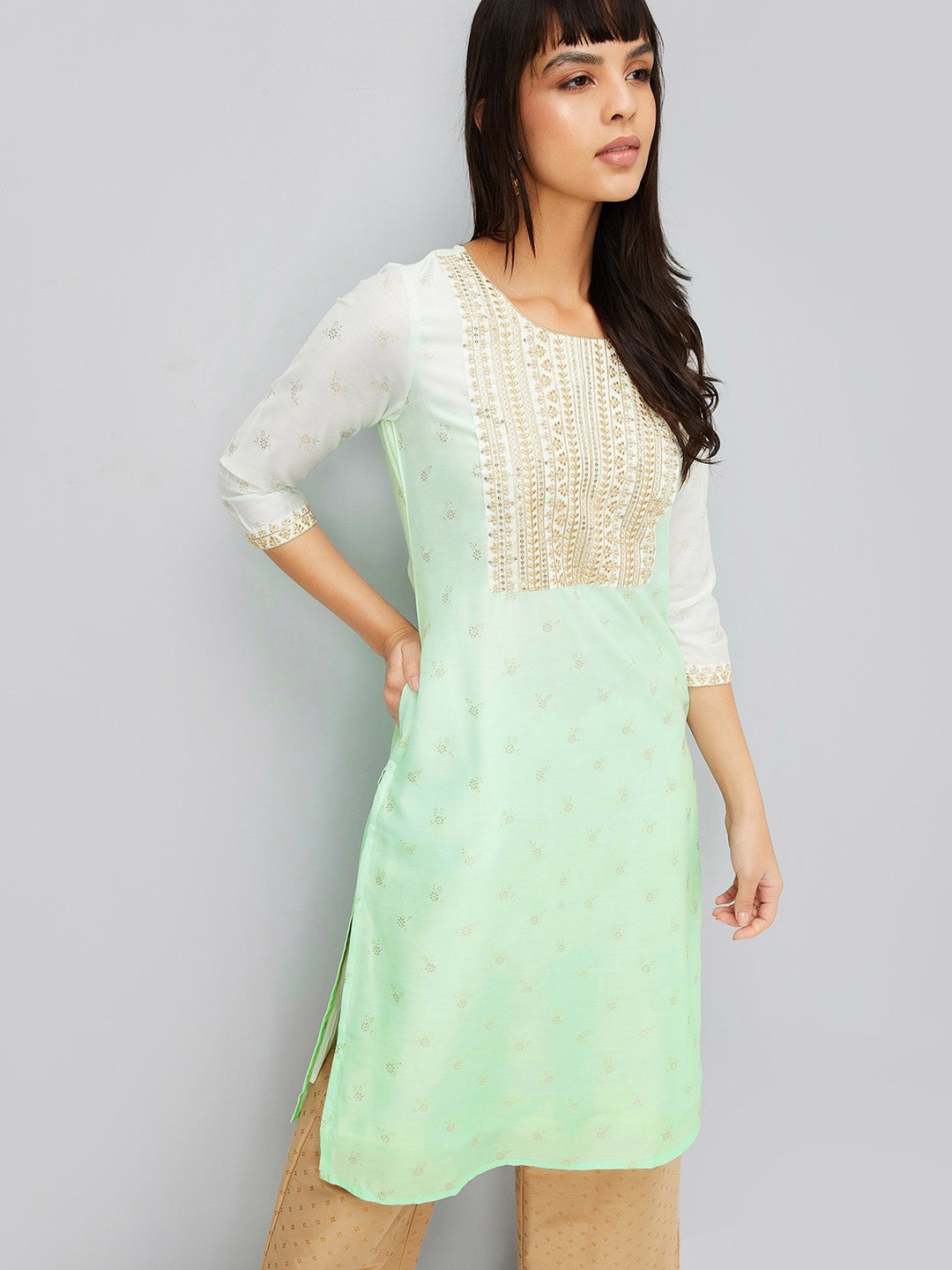 

max Ethnic Motifs Yoke Design Thread Work Kurta, Green