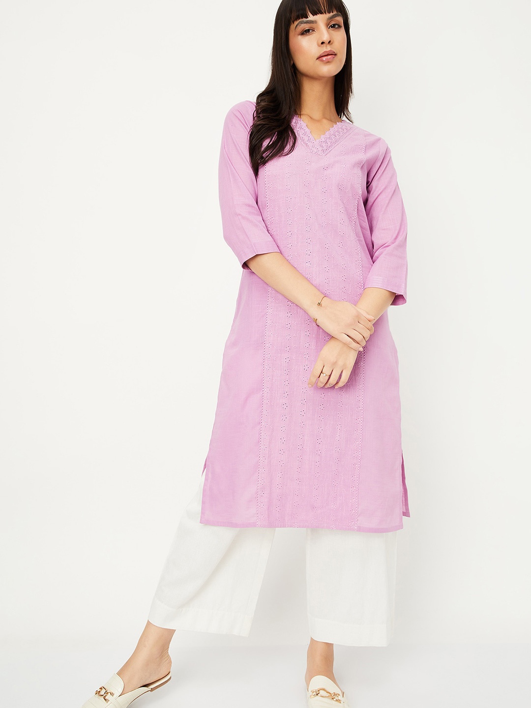 

max Ethnic Motifs Embroidered Thread Work Kurta, Purple