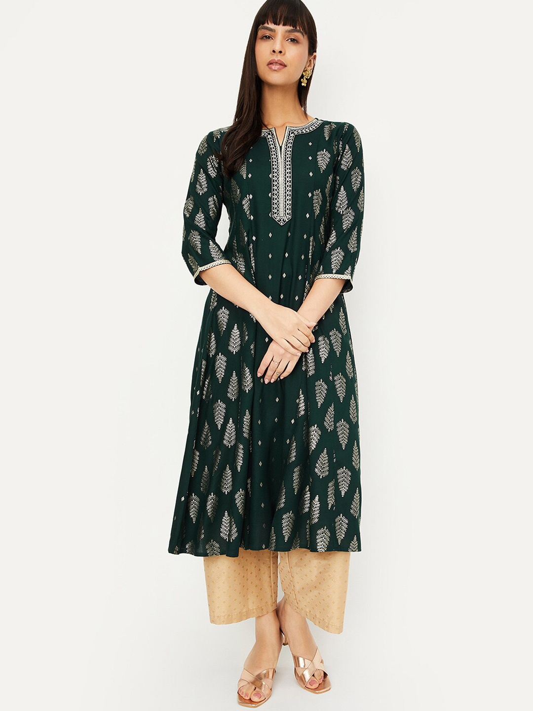 

max Ethnic Motifs Woven Design Kurta, Green