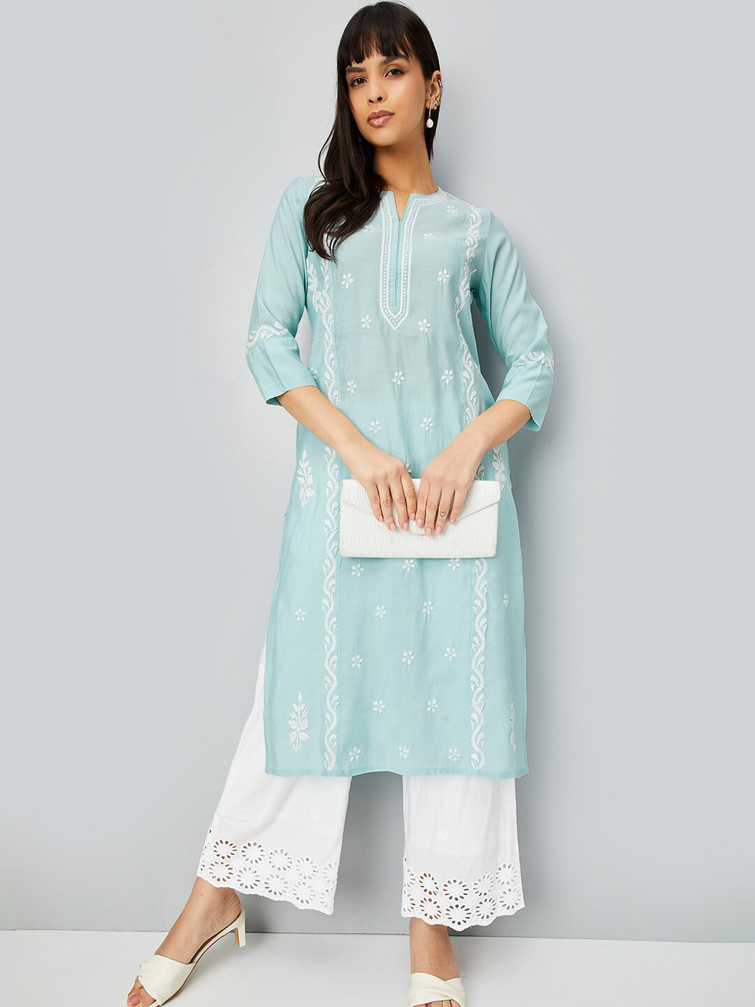 

max Floral Embroidered Thread Work Cotton Kurta, Blue