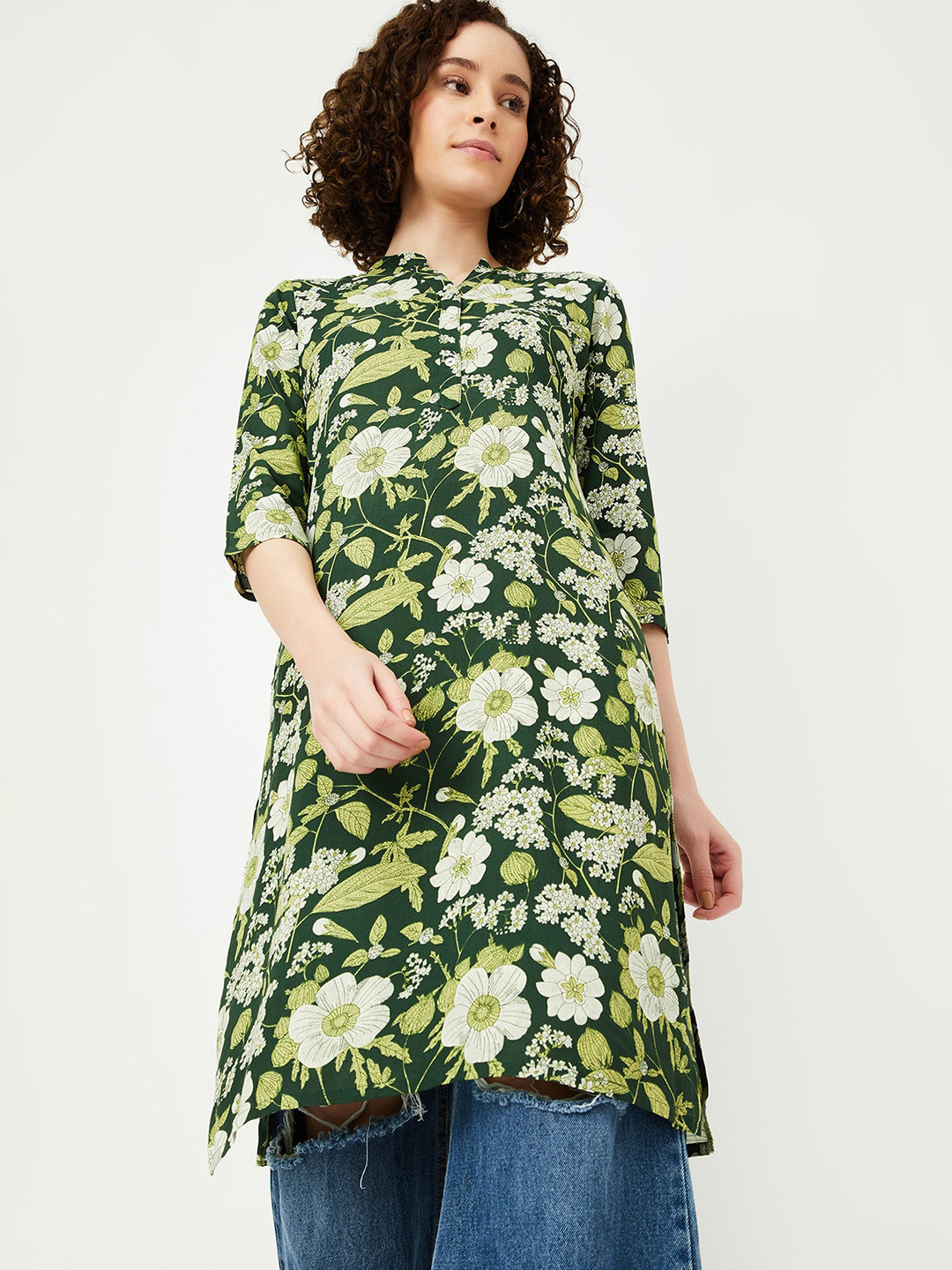 

max Floral Printed Shirt Collar Straight Kurta, Green