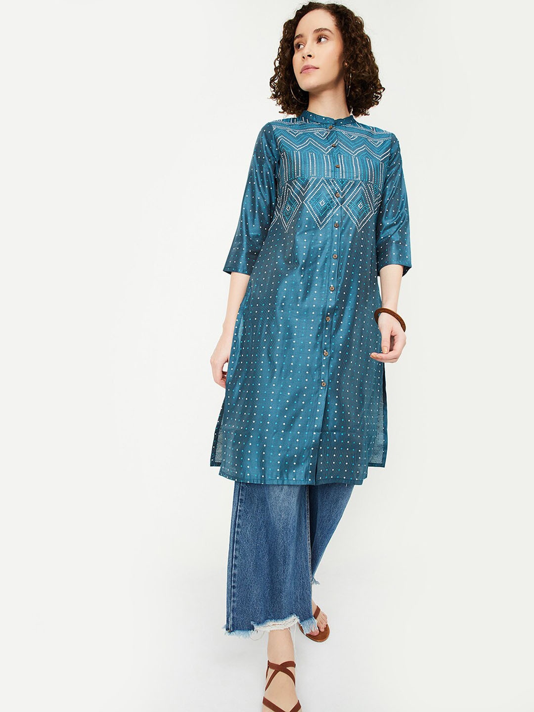 

max Geometric Printed Mandarin Collar Straight Kurta, Blue