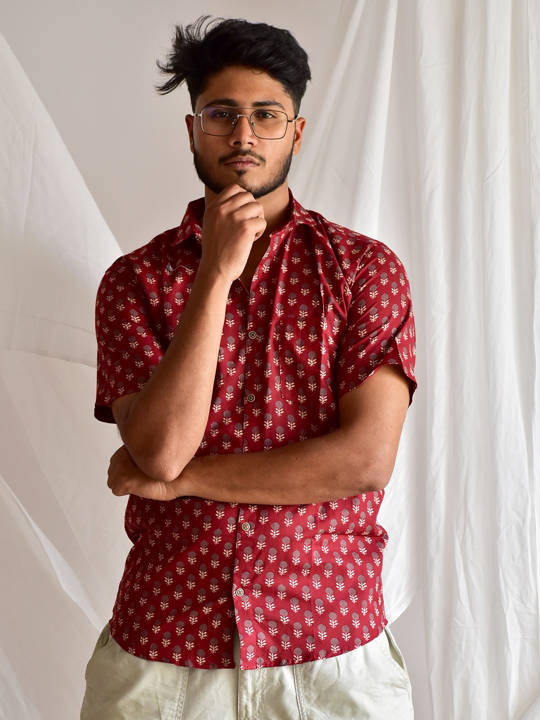 

Sundarii Comfort Floral Printed Short Sleeves Cotton Casual Shirt, Maroon