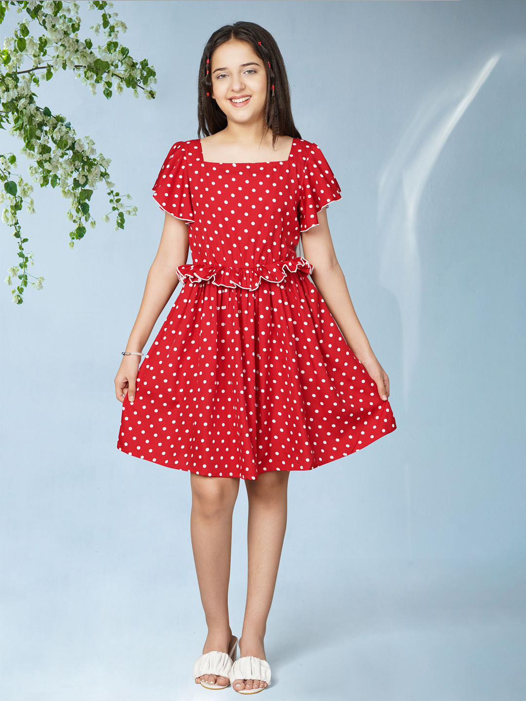 

White World Girls Polka Dot Printed Ruffled Fit & Flare Dress, Red