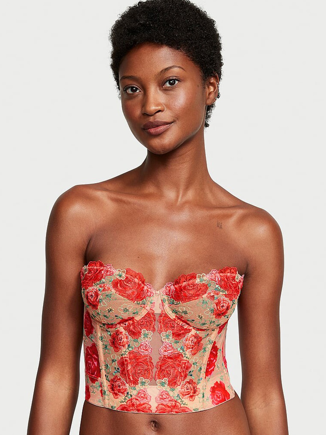 

Victoria's Secret Dream Angels Floral Embroidered Strapless Corset Crop Top, Beige