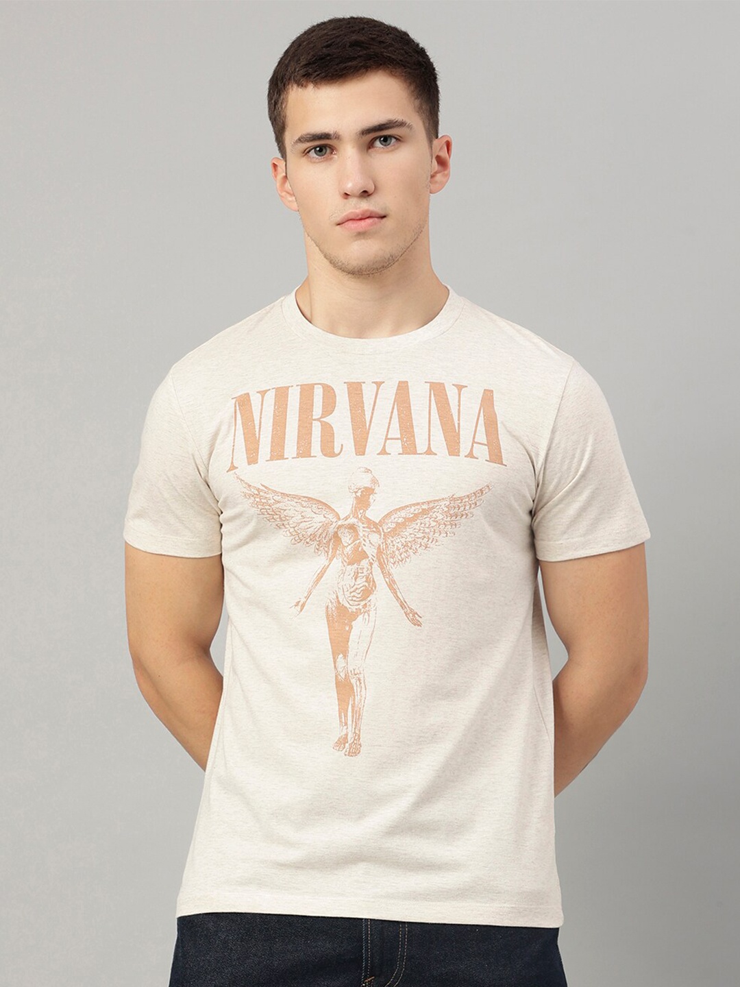 

Free Authority Men Nirvana Printed Round Neck Cotton T-shirt, Off white