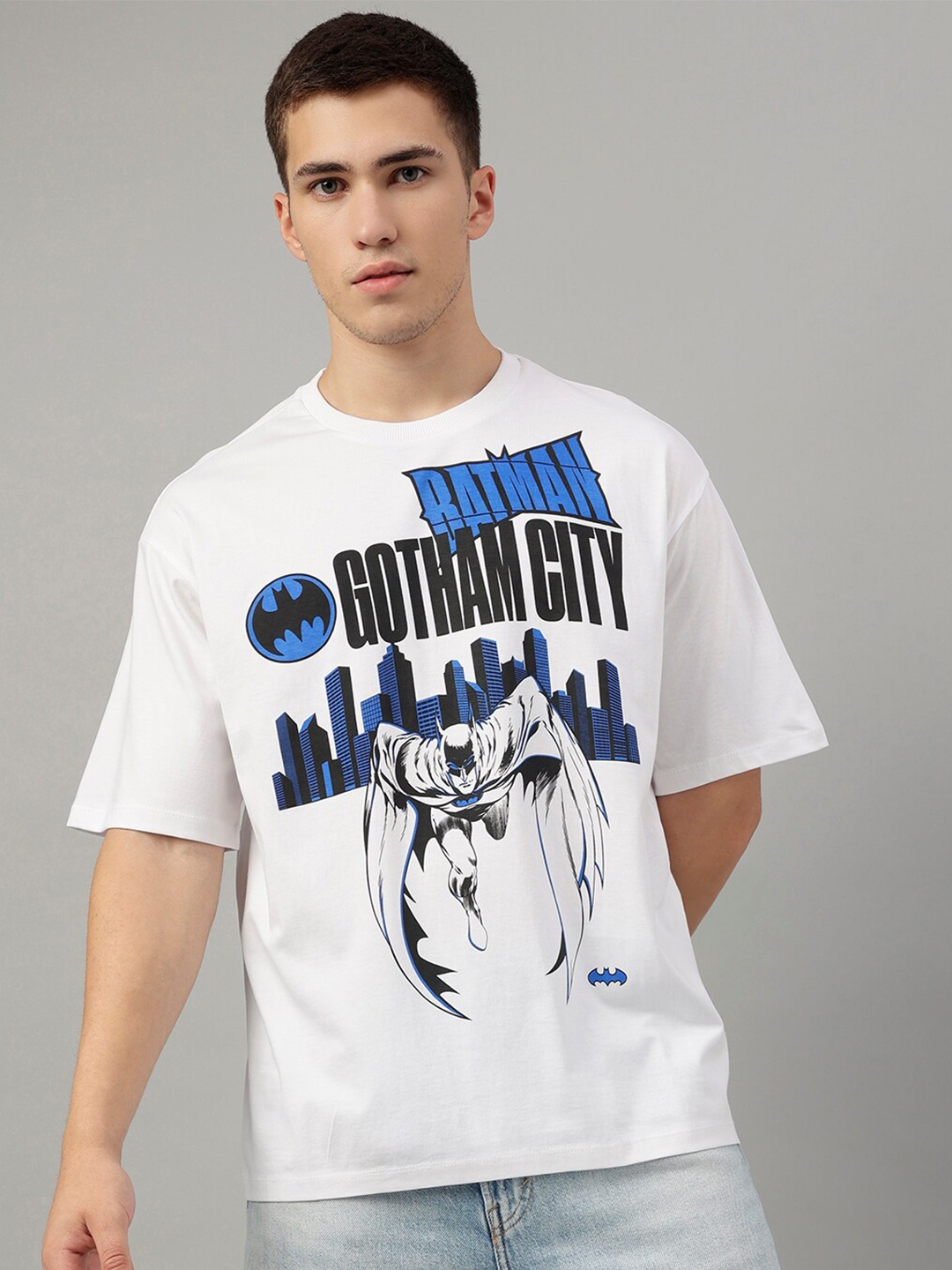 

Free Authority Men Pure Cotton Batman Printed Round Neck Oversized T-shirt, White