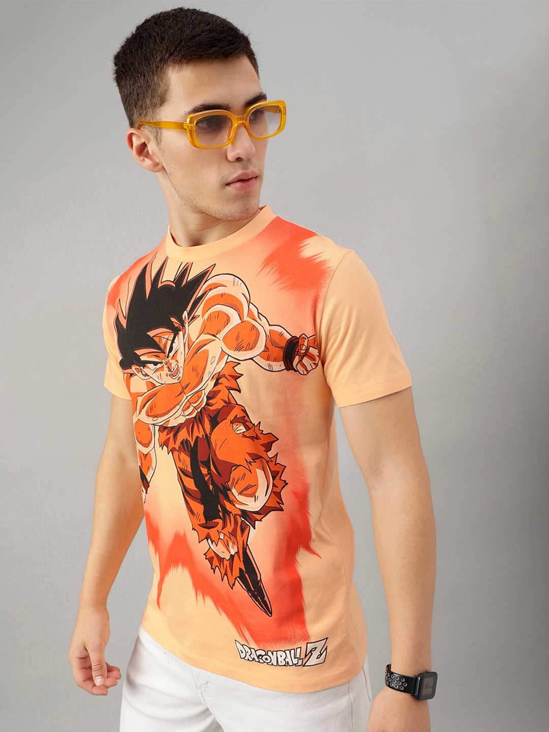 Free Authority Men Cotton Dragon Ball Z Printed Round Neck T-shirt, Peach