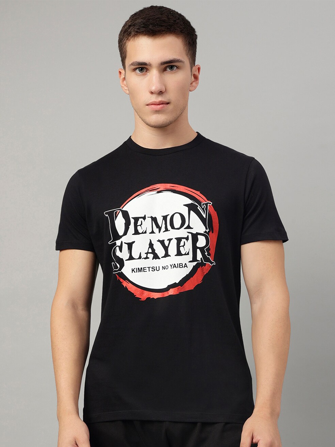 Free Authority Men Cotton Demon Slayer Printed Round Neck T-shirt, Black