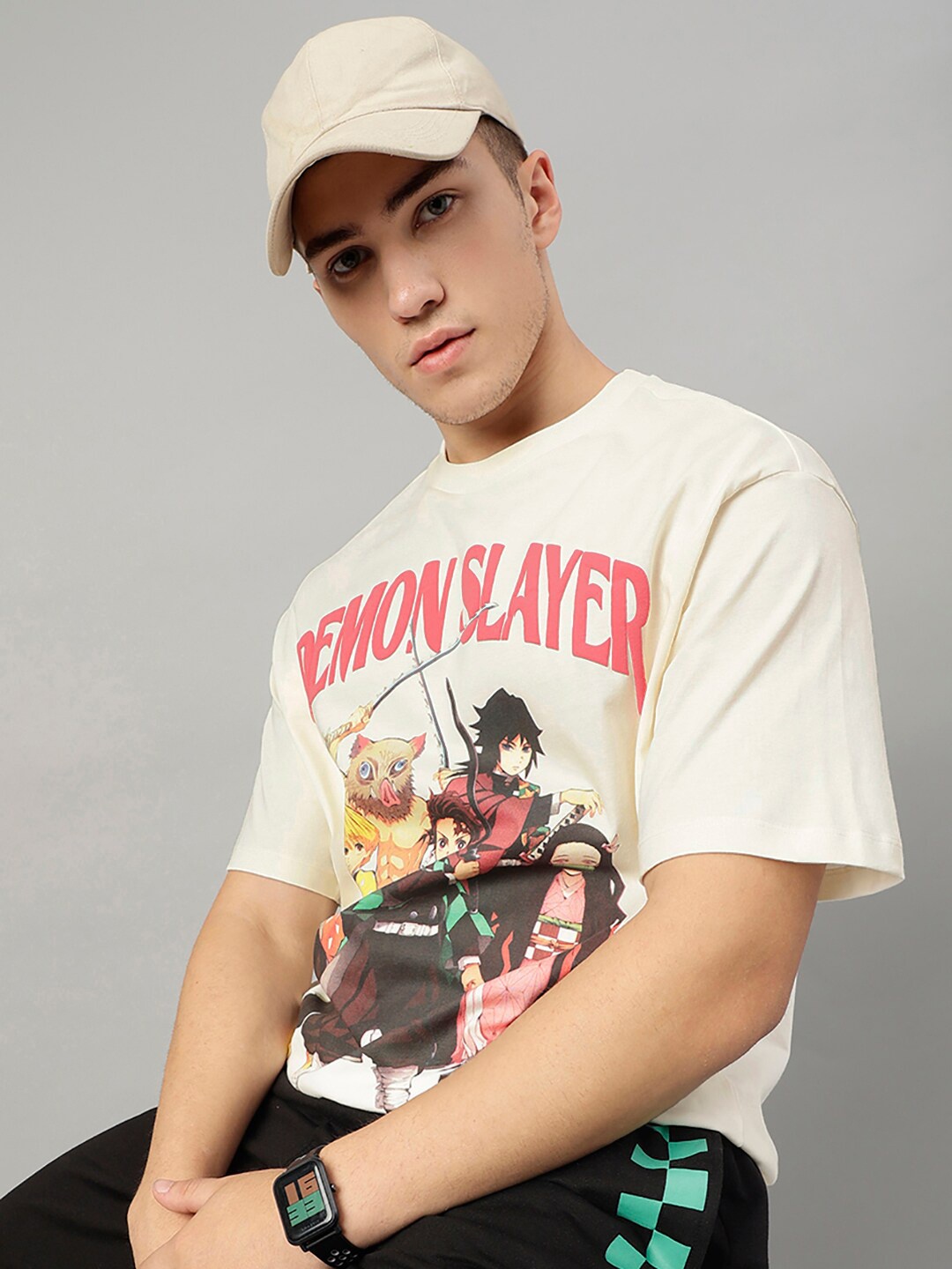 

Free Authority Men Cotton Demon Slayer Printed Round Neck Oversized T-shirt, Off white