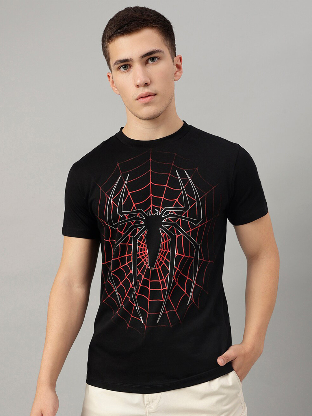 

Free Authority Men Spiderman Printed Round Neck Cotton T-shirt, Black