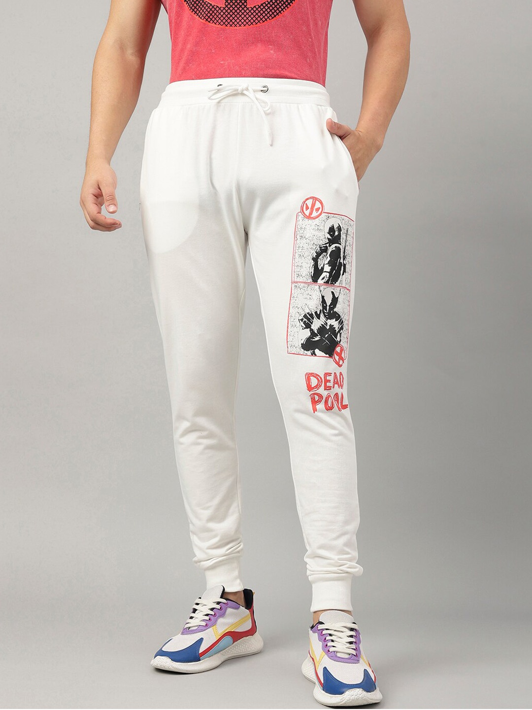 

Free Authority Men Deadpool Printed Pure Cotton Mid-Rise Joggers, Off white