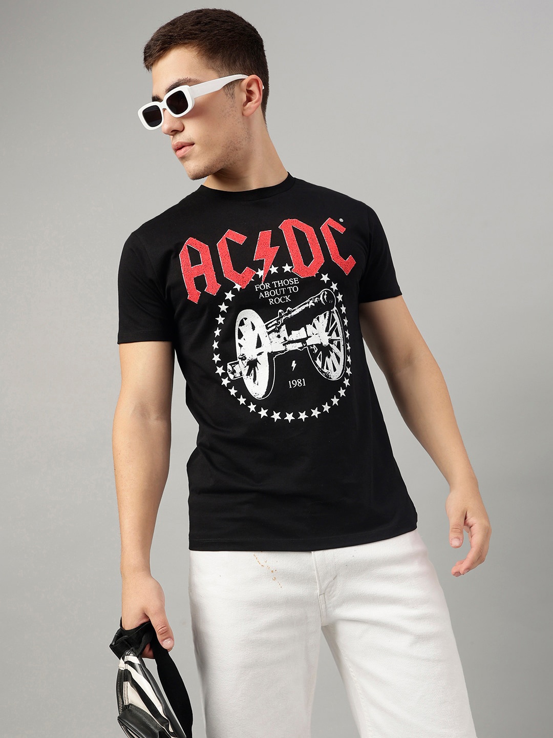 Free Authority Men Cotton Acdc Printed Round Neck T-shirts, Black