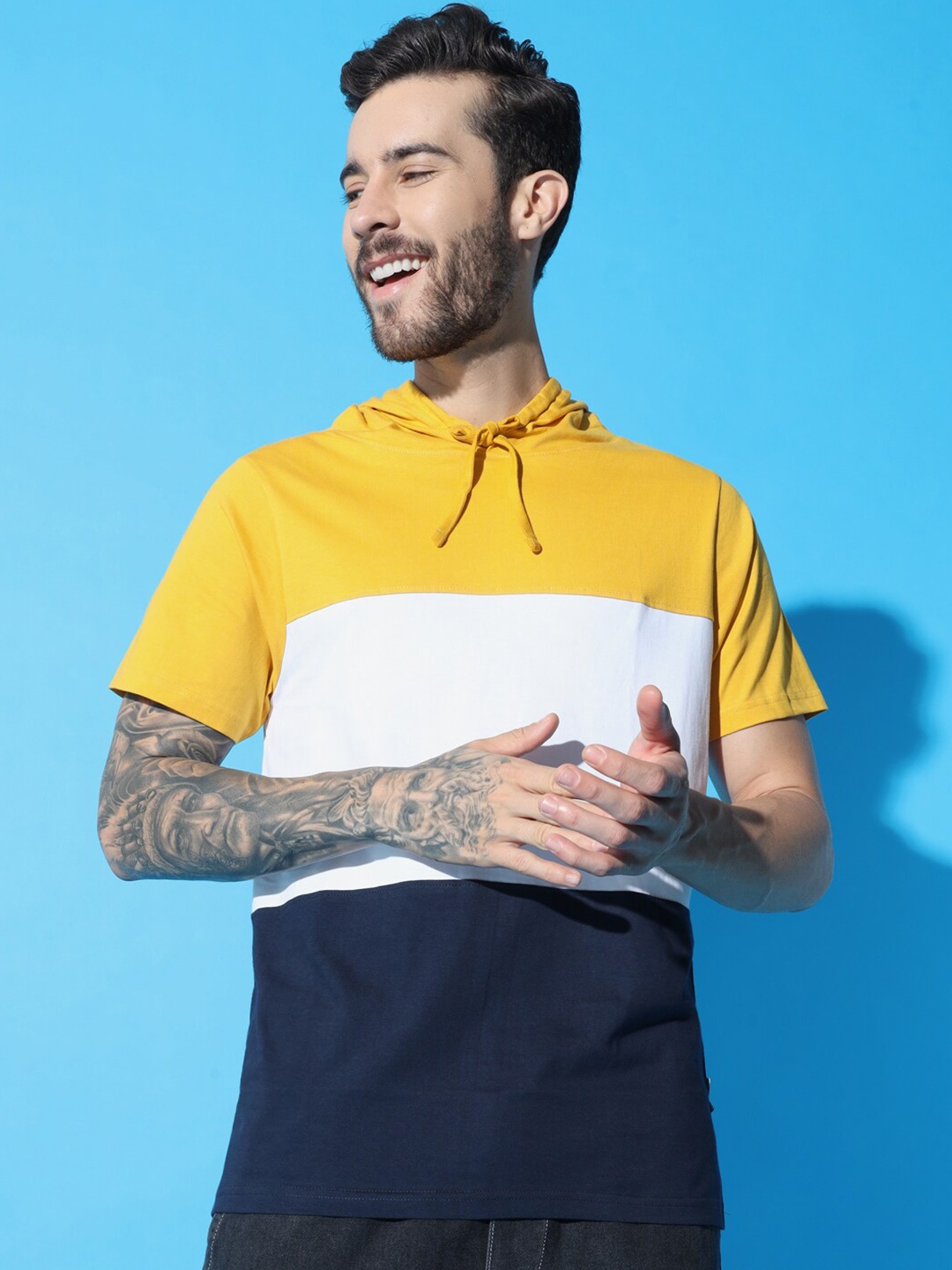 

The Dry State Men Cotton Colourblocked Hooded T-shirt, Yellow