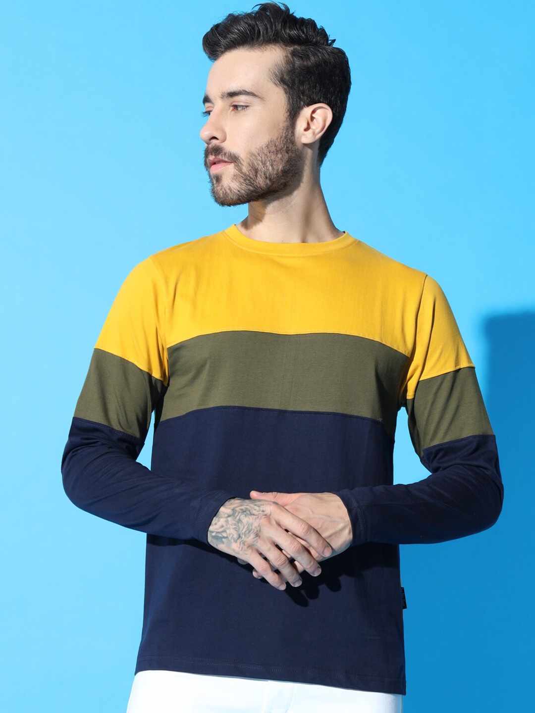 

The Dry State Men Cotton Round Neck Colourblocked T-shirt, Yellow