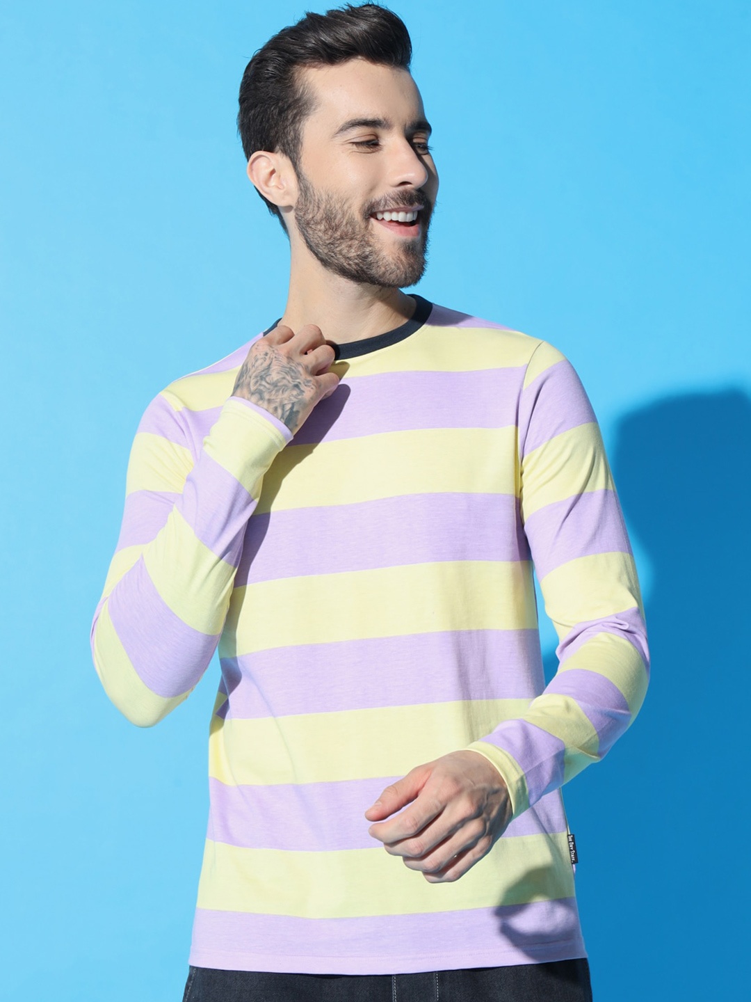 

The Dry State Men Striped Round Neck Sleeves T-shirt, Yellow