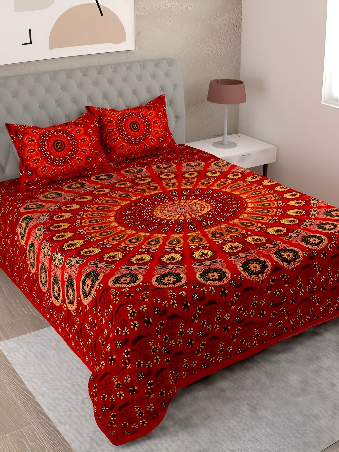 

Aura Red & Yellow Ethnic Motifs 144 TC Cotton King Bedsheet With 2 Pillow Covers