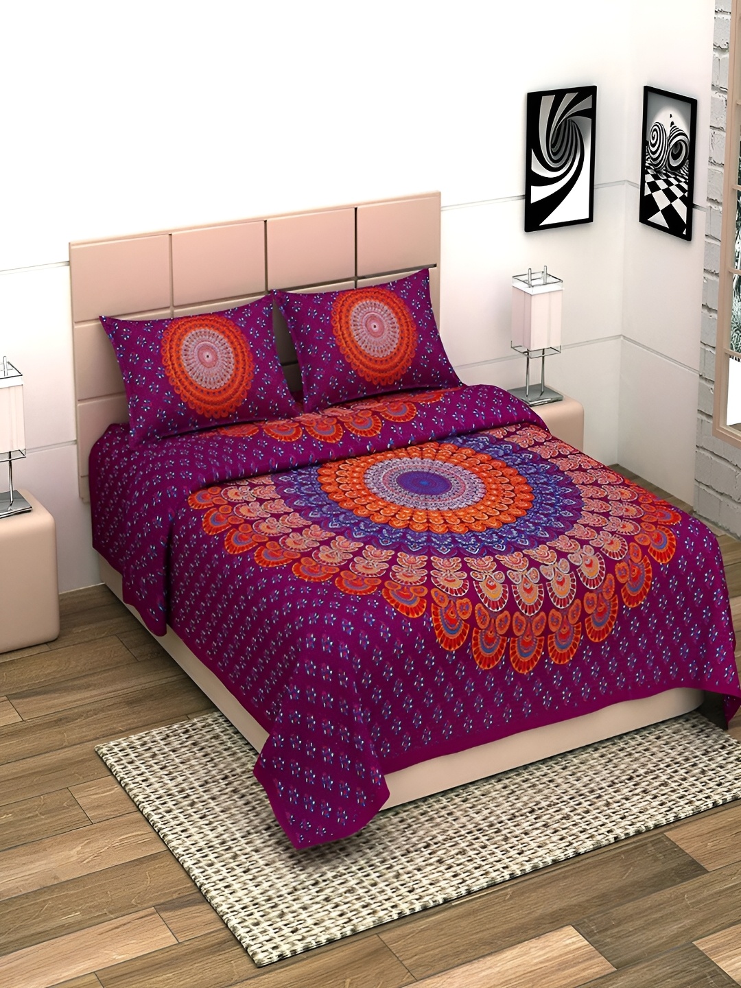 

Aura Purple & Orange Ethnic Motifs 144 TC Cotton King Bedsheet With 2 Pillow Covers