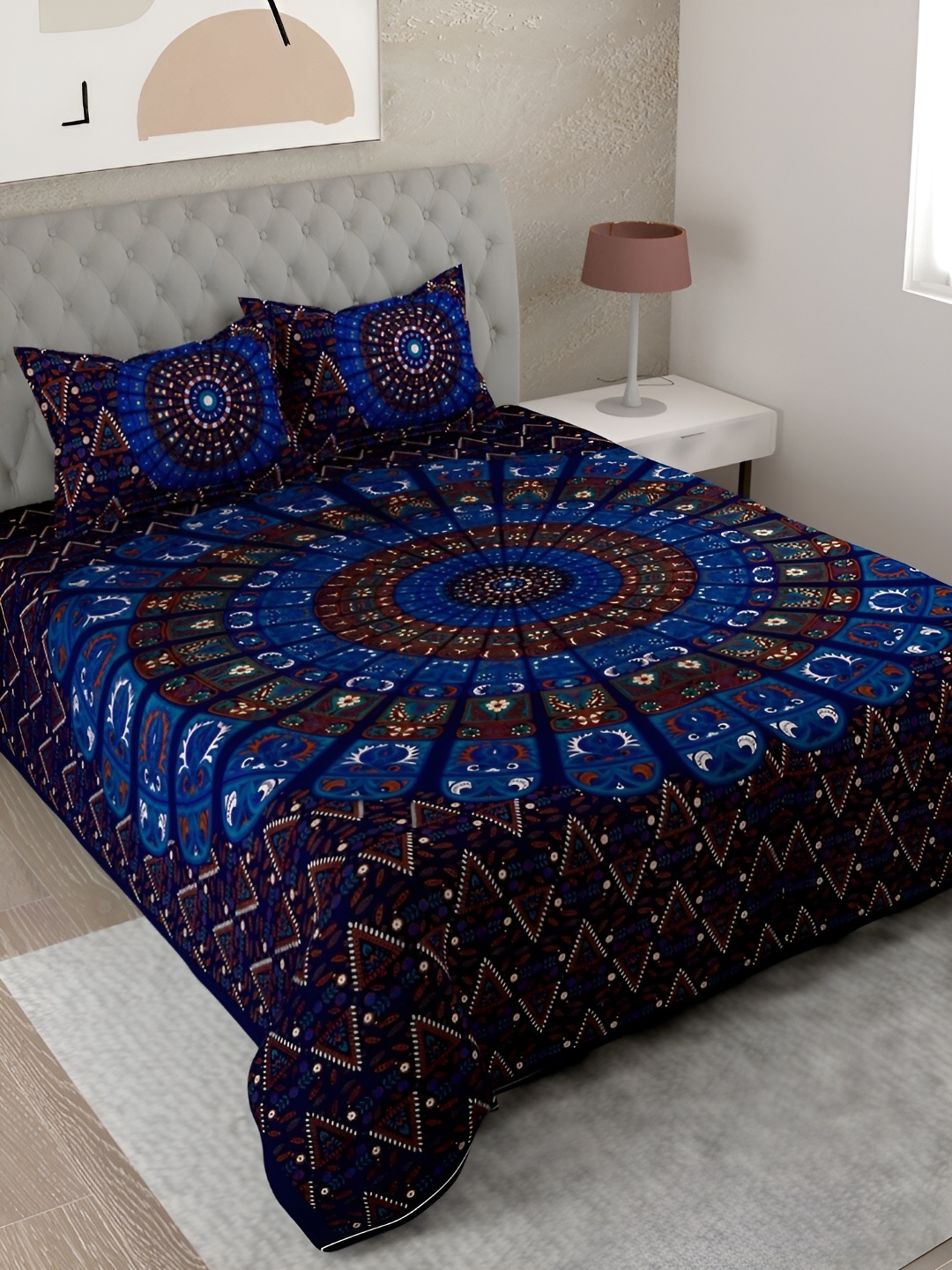 

Aura Blue & Red Ethnic Motifs Pure Cotton 144 TC King Bedsheet with 2 Pillow Covers