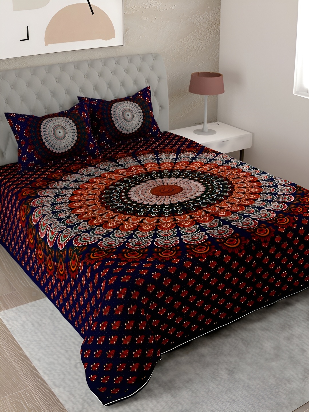 

Aura Blue & Red Ethnic Motifs 144 TC Cotton King Bedsheet With 2 Pillow Covers