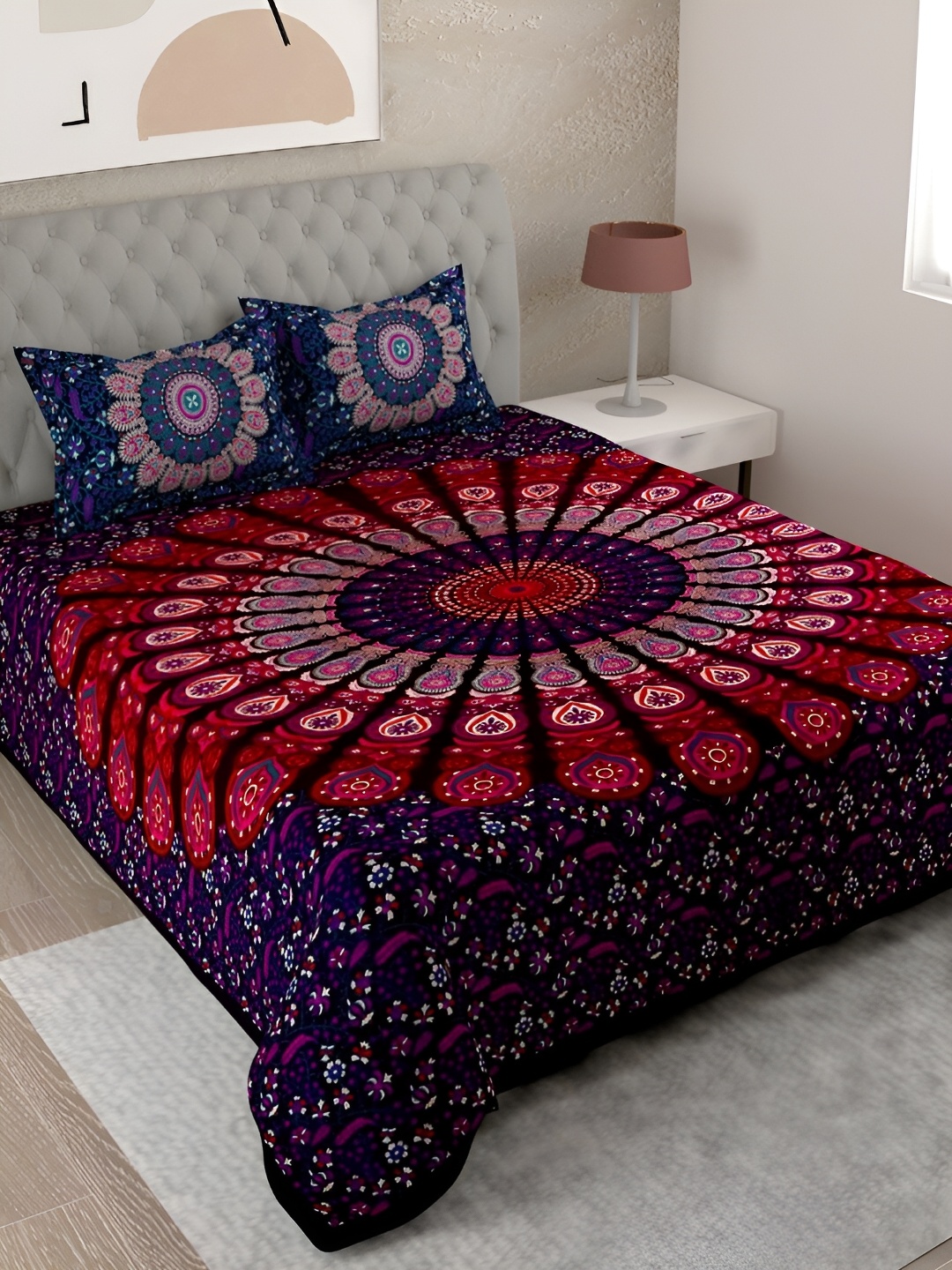 

Aura Purple & Red Ethnic Motifs Cotton 144 TC King Bedsheet with 2 Pillow Covers