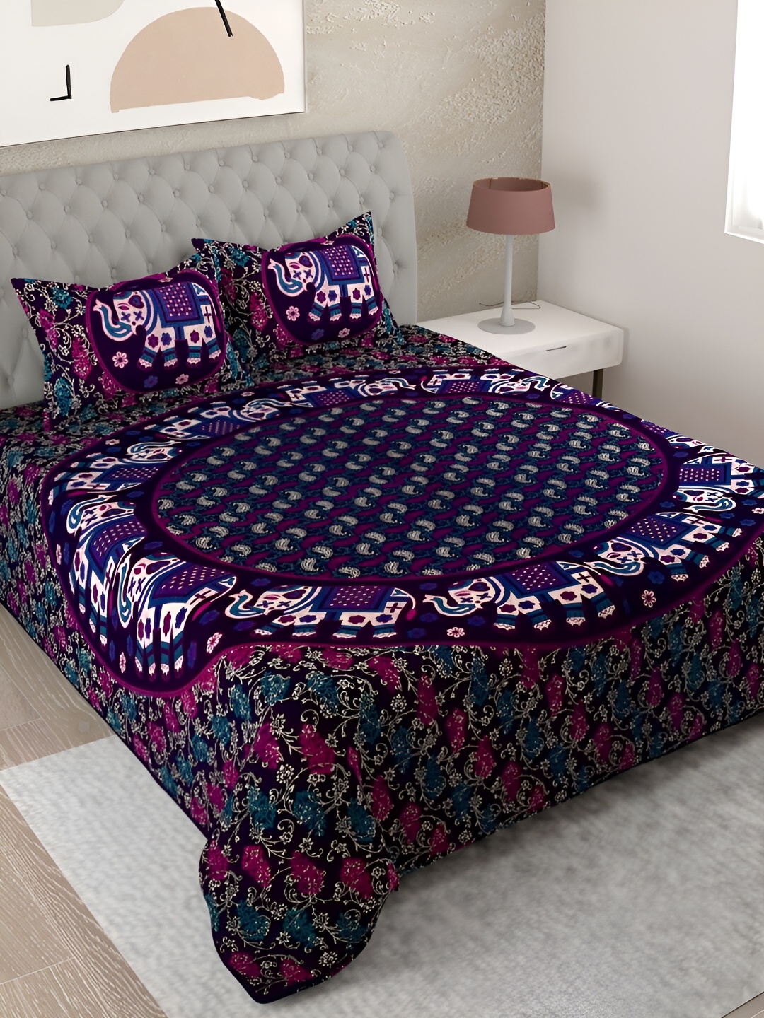 

Aura Blue & Pink Ethnic Motifs Pure Cotton 144 TC King Bedsheet with 2 Pillow Covers