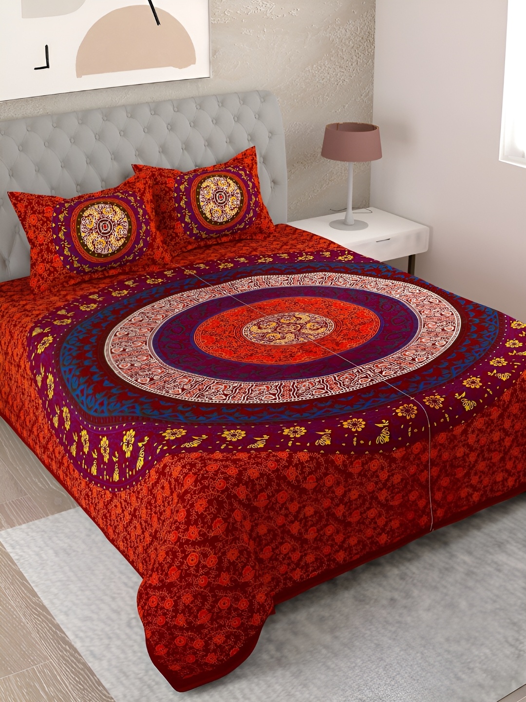 

Aura Red & Yellow Ethnic Motifs 144 TC Cotton King Bedsheet With 2 Pillow Covers