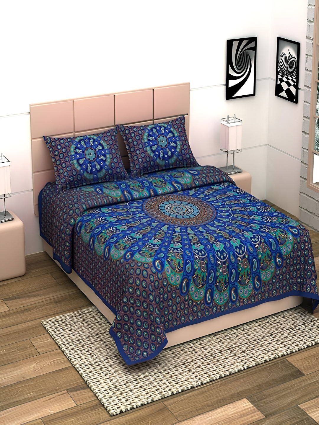 

Aura Blue & Green Ethnic Motifs Cotton 144 TC King Bedsheet with 2 Pillow Covers