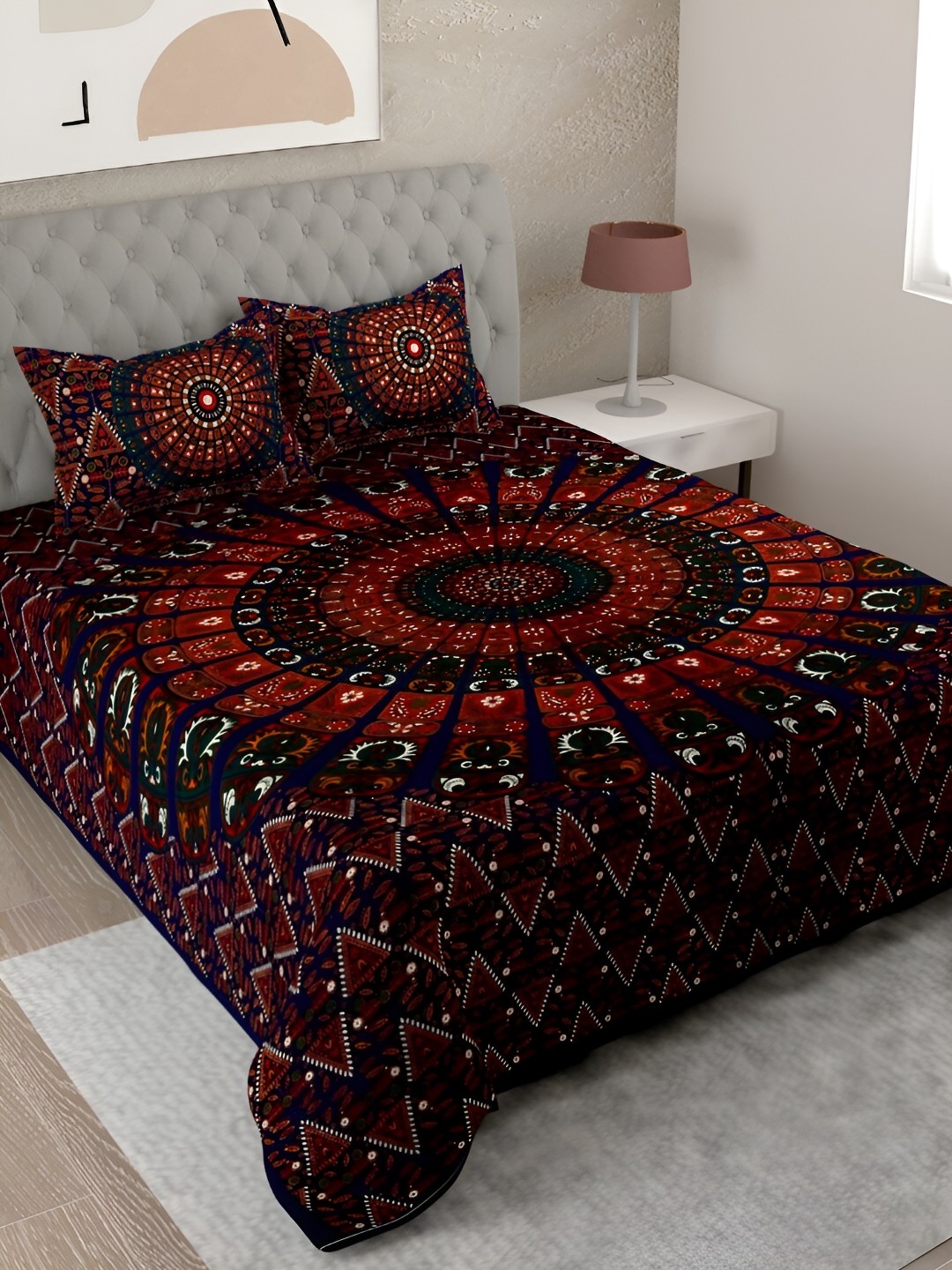 

Aura Blue & Red Ethnic Motifs 144 TC Cotton King Bedsheet With 2 Pillow Covers