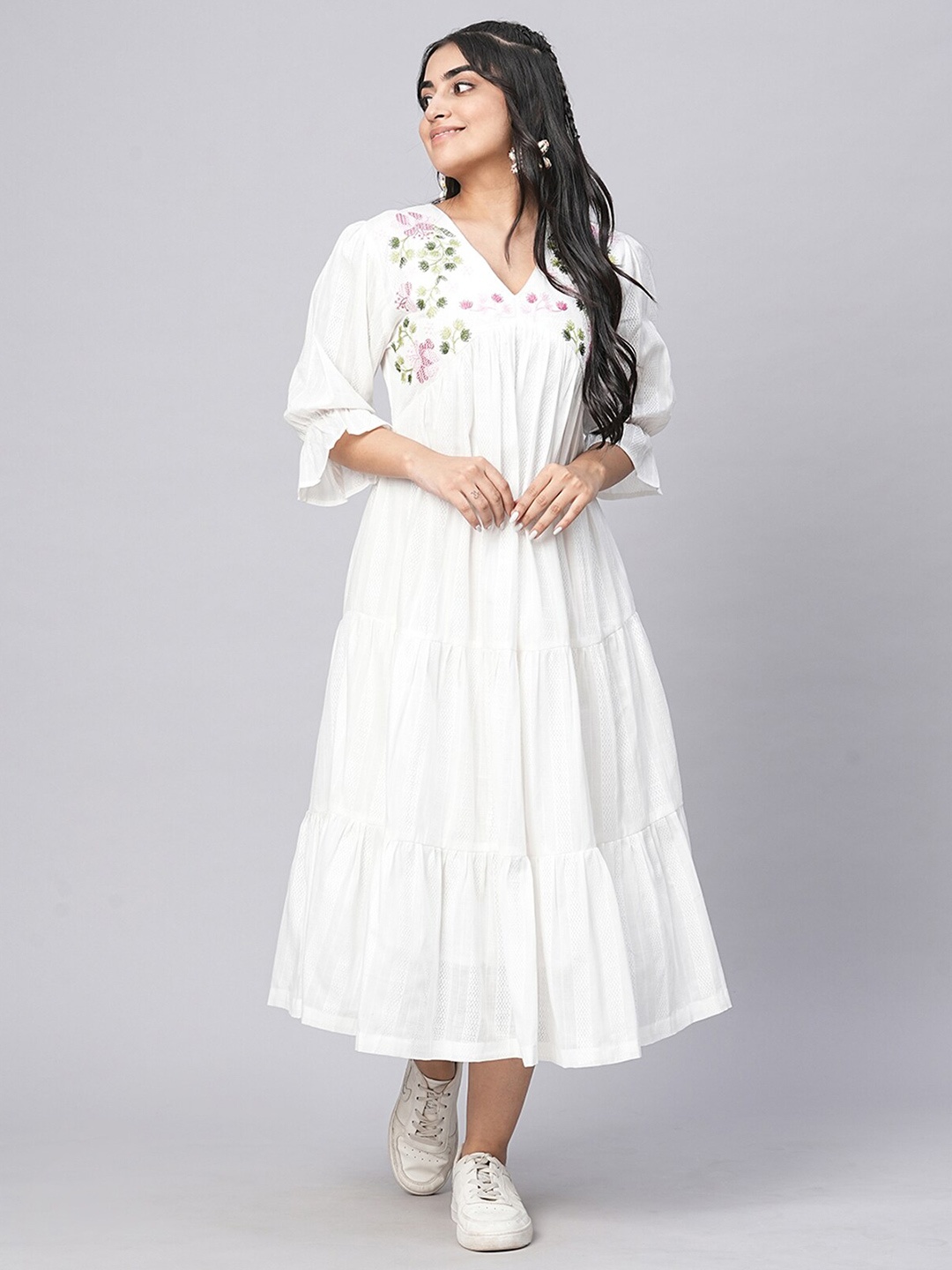 

ODETTE Floral Embroidered V Neck Cotton Fit and Flared Midi Dress, White