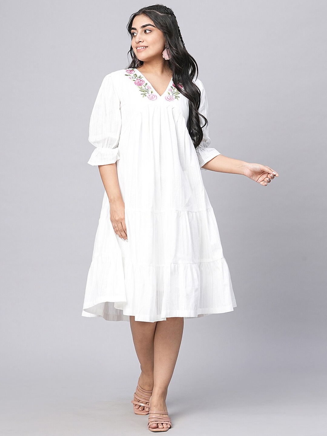 

ODETTE V-Neck Bell Sleeve Embroidered Tiered Cotton A-Line Midi Dress, White